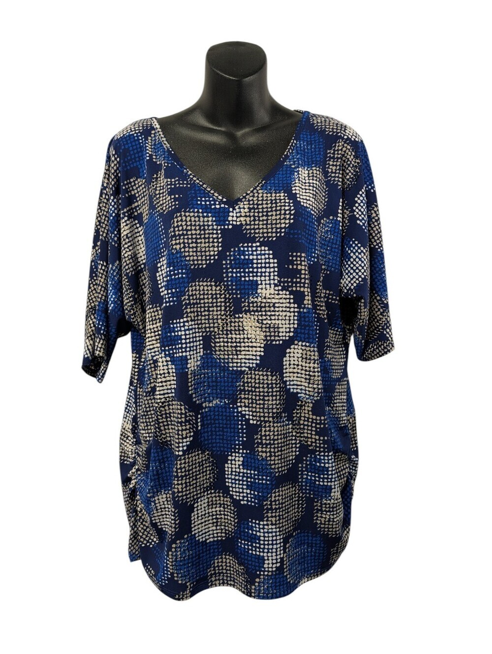 AGB SZ XL Blue Cream Abstract Dot Print V-Neck Ruched Side 3/4 Sleeve Blouse Top